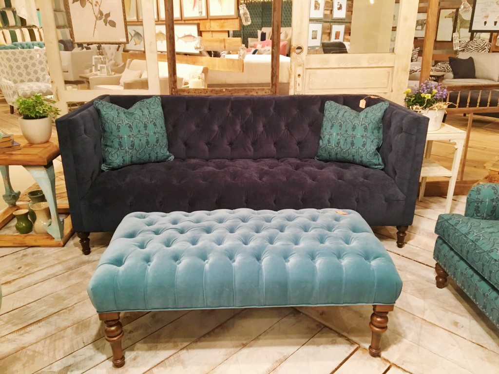 Multiple shades of blue all come together in harmony (and it's tufted!) in the Southern Furniture showroom.